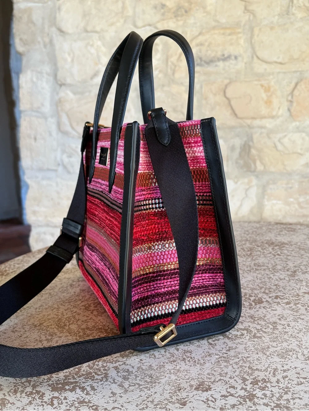 kate spade Pink and Red Striped Straw Satchel with Black Trim
